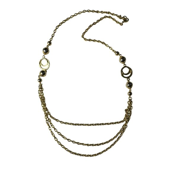 Vintage Gold Tone Multi Strand Chain Necklace Beads Circular Accents 1980s u Sta - Picture 1 of 6